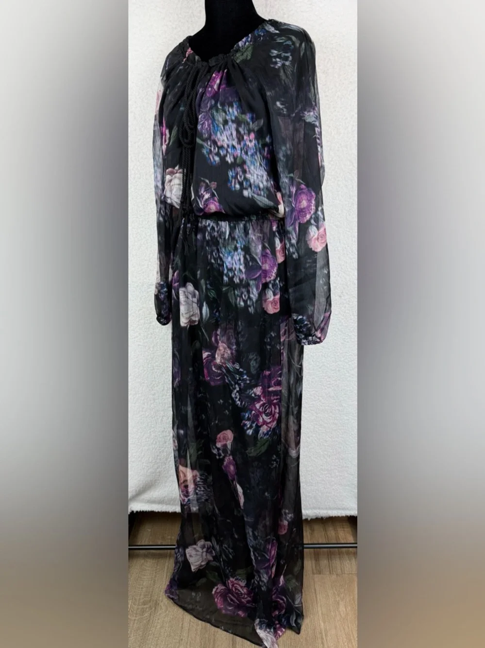 (NWT) THE JETSET DIARIES • Black/Multi Floral Peony Semi-Sheer Maxi Dress, L - Picture 4 of 14